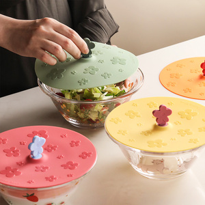 蓝莲花玻璃碗盖大号可爱硅胶碗盖食品级通用圆形盖子单卖卡通