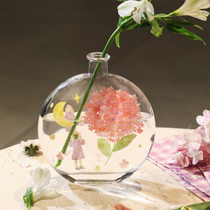 蓝莲花玻璃花瓶透明水养插花餐桌摆件简约现代客厅卧室装饰花器