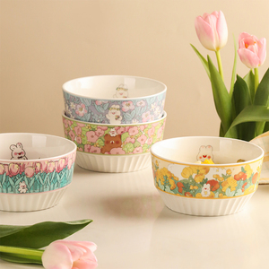 蓝莲花家用兔年碗陶瓷碗茉茉兔子个人可爱的面碗套装专用儿童餐具
