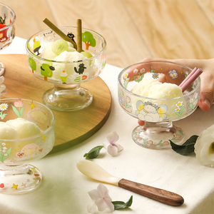 蓝莲花玻璃雪糕杯高脚创意酸奶冰淇淋杯燕麦杯网红水果杯可爱兔子