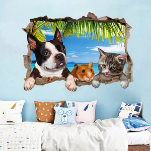 3D立体可爱狗狗猫咪墙贴纸贴画儿童床头温馨背景墙壁自粘房间装饰