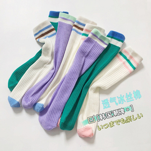 韩国儿童中筒袜子男女童夏季薄款透气学生运动双杠长袜网眼防蚊袜
