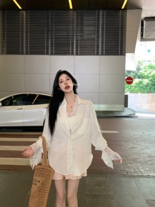 韩版白色polo领长袖衬衫外套女装夏季宽松中长款衬衣防晒开衫上衣