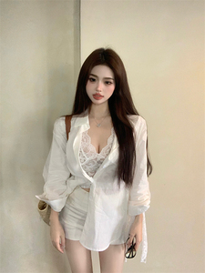 韩版白色polo领长袖衬衫外套女装夏季宽松中长款衬衣休闲防晒上衣
