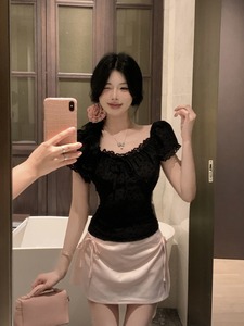 黑色提花蕾丝花边方领短袖衬衫女夏季系带法式独特修身短款小上衣