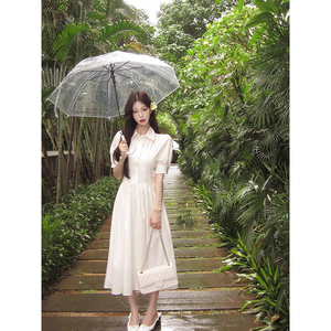 韩系气质polo领短袖衬衫连衣裙女装夏季新款收腰a字裙白色长裙子