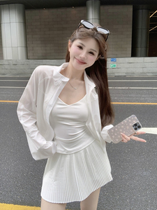 韩版白色polo领长袖衬衫女装夏季宽松设计感衬衣短款休闲外套上衣