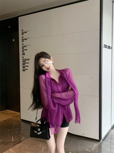 紫色缎面拼接雪纺长袖衬衫女春季法式气质高级感衬衣宽松休闲上衣