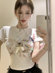 蝴蝶结小狗印花圆领短袖T恤女夏季新款美式辣妹修身短款白色上衣
