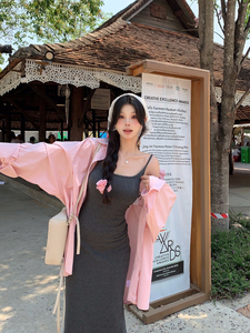 粉色polo领长袖衬衫女夏季韩版中长款宽松休闲衬衣不规则防晒上衣