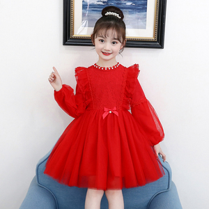夏季女童连衣裙2024新款洋气春秋装公主裙白色表演礼服红色跳舞裙