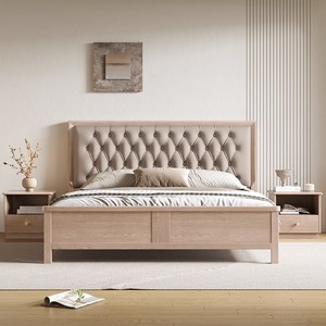 现代简约白橡木实木床北欧主卧1.8米软包靠背双人床储物大床婚床