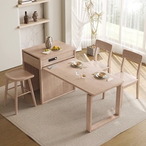 现代简约白橡木岛台实木伸缩餐桌北欧小户型长方形多功能储物饭桌