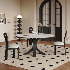 法式岩板餐桌现代简约小户型轻奢高端黑色复古6人圆形餐桌带转盘
