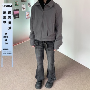 USKM美式复古垫肩西装夹克男潮流小众设计高级感休闲拉链短款外套