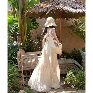 法式甜美白色方领无袖连衣裙女夏季高级感度假海边气质超仙长裙子