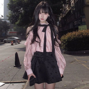 韩系chic时尚套装夏季木耳边露肩长袖衬衫女高腰百褶半身裙两件套