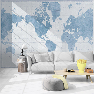 复古世界地图墙纸卧室抽象儿童房壁纸浅蓝色背景墙布客厅2024新款
