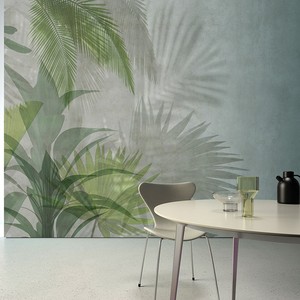 3d北欧风棕榈叶植物壁纸灰色朦胧书房芭蕉叶墙纸现代简约热带壁布