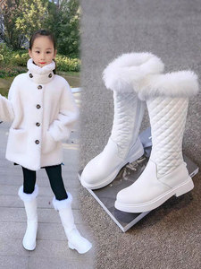 2024新款女童长筒雪地靴牛皮儿童冬季时尚加绒洋气小女孩冬天靴子