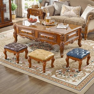 小凳子美式矮凳家用客厅实木真皮换鞋凳欧式茶几凳雕花儿童沙发凳