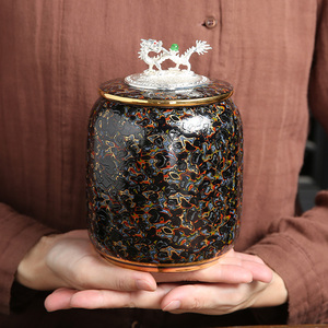 百贝 镶银中式创意手工大漆陶瓷茶叶罐 收纳存储罐防潮密封罐大号