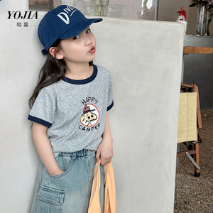 YOJIA女童短袖夏装2024新款韩版时髦童装儿童夏季半袖T恤圆领上衣