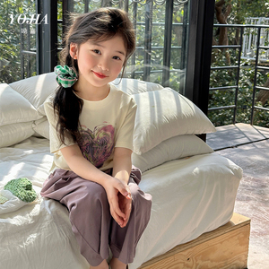 YOJIA女童短袖T恤夏季2024新款洋气韩版童装儿童字母印花上衣夏装