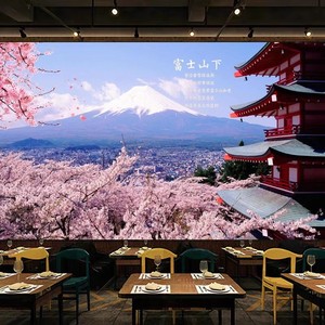 3d日式餐厅酒店富士山壁纸客厅卧室樱花墙纸剧本杀店日本街景壁画