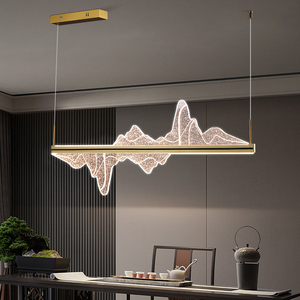 新中式茶室吊灯长条中国风山水创意个性家用餐厅餐桌一字吧台吊灯