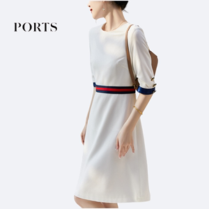 PORTS宝姿女装代购气质休闲白色撞色连衣裙高级感2024年夏季新款