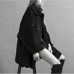 原创设计师品牌女装毛呢外套黑色斗篷拼皮设计感宽松大码羊毛大衣