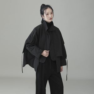 原创黑色设计感别致棉衣外套女2023冬季新款休闲文艺气质个性棉服