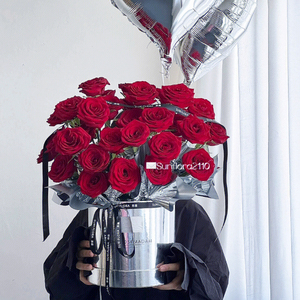 镜面银色抱抱桶花桶材料套二圆形鲜花包装盒情人节玫瑰花筒插花盒