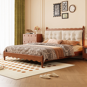 亚羽法式复古实木床全实木主卧床中古风小户型软包美式家具双人床