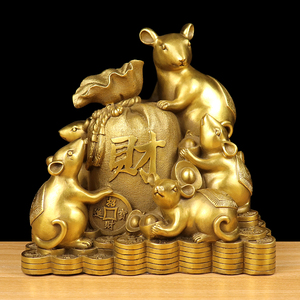 中式铜老鼠摆件五鼠运財黄金袋玉米鼠十二生肖鼠摆件