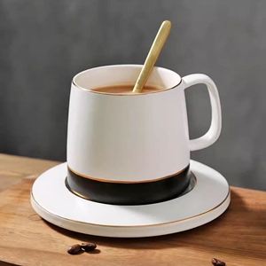 哑光磨砂咖啡杯带勺 北欧马克杯配底座 咖啡厅创意简约陶瓷水杯子