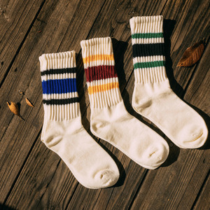 COSMOS制男女情侣西海岸滑板风撞色条纹个性堆堆袜透气纯棉中筒袜