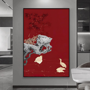 新中式客厅茶室装饰画轻奢红色抽象太湖石花鸟挂画书房办公室墙画