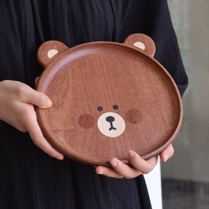 [KK手作] 腮红小熊木盘 实木创意可爱收纳卡通儿童点心盘木质餐具