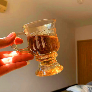 复古琥珀色玻璃杯下午茶杯高颜值ins风女轻奢浮雕欧式拿铁咖啡杯