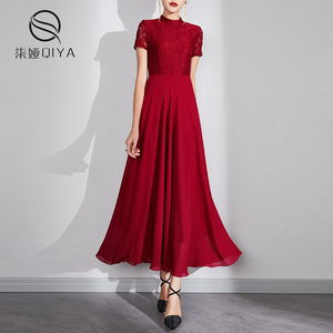 酒红色连衣裙女夏季2024新款气质蕾丝拼接收腰显瘦雪纺大摆长裙子
