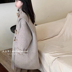 韩国童装女童牛角扣羊绒大衣2023冬季儿童中长款双面羊毛呢外套潮