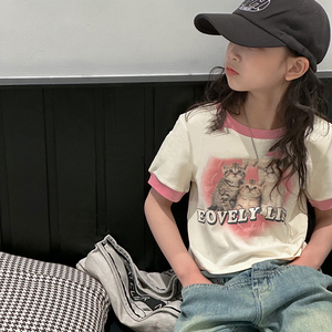 波拉韩童装女童短袖t恤2024夏装儿童短款修身韩国小女孩洋气上衣
