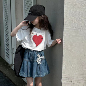 女童短袖爱心T恤2024夏季韩版小女孩圆领上衣儿童洋气半袖体恤潮t