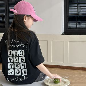 波拉韩童装女童字母短袖t恤2024春夏儿童宽松上衣中大童洋气衣服