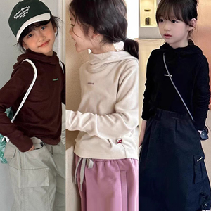 波拉韩国童装小女孩连帽打底衫2024春秋女童套头卫衣儿童长袖t恤