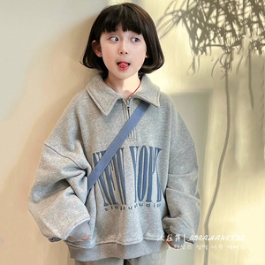 波拉韩国童装女童翻领加绒卫衣2023秋冬款儿童套头运动衫男童上衣