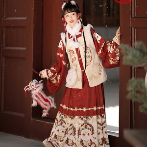 汉服女中国风唐装成人冬汉服明制方领刺绣比甲马面裙拜年服冬加绒