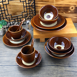 陶瓷全釉土碗米饭碗大号面盘家用怀旧老式复古铜酒碗摆台餐具套装